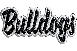 WHOLESALE APPLIQUE Bulldogs Mascot, Team Name, Embroidered, Iron on Patch (Black Glitter/White Outline)