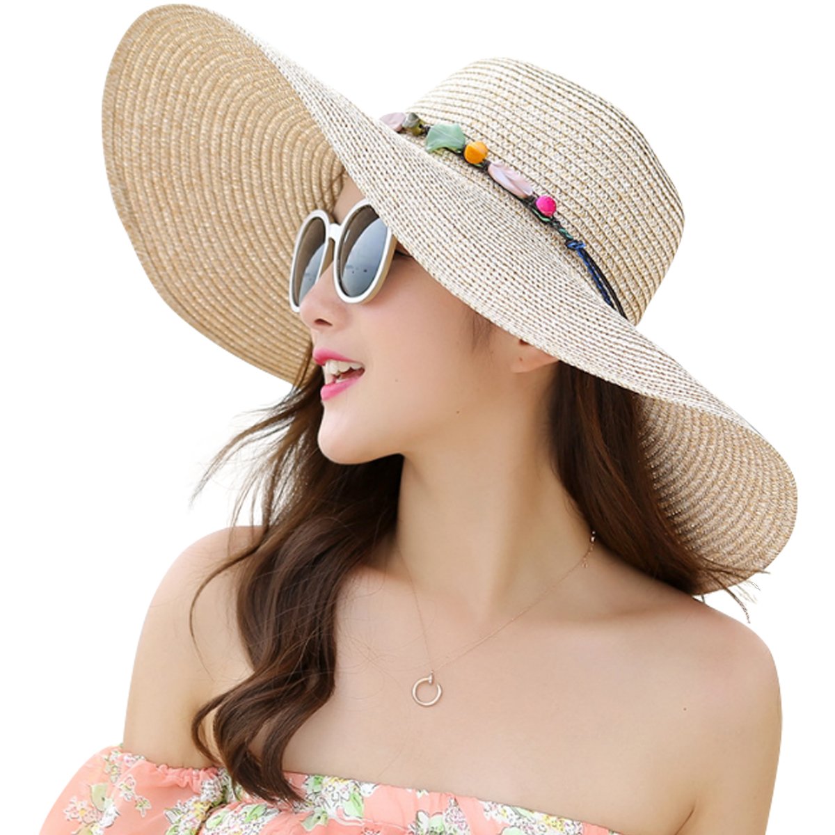 Lanzom Womens Wide Brim Summer Straw Hat Floppy Foldable Roll up Cap Beach Sun Hats UPF 50+, Style A-khaki, One Size