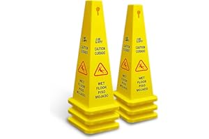 8 NET INC. 8 NET 6-Pack Heavy Duty 36’’ Bright Yellow Caution Wet Floor Cones, 4-Sided Bilingual Caution Sign, Wet Floor Imprint| Cuidado Piso Mojado| Avoid Fall & Slip Accident
