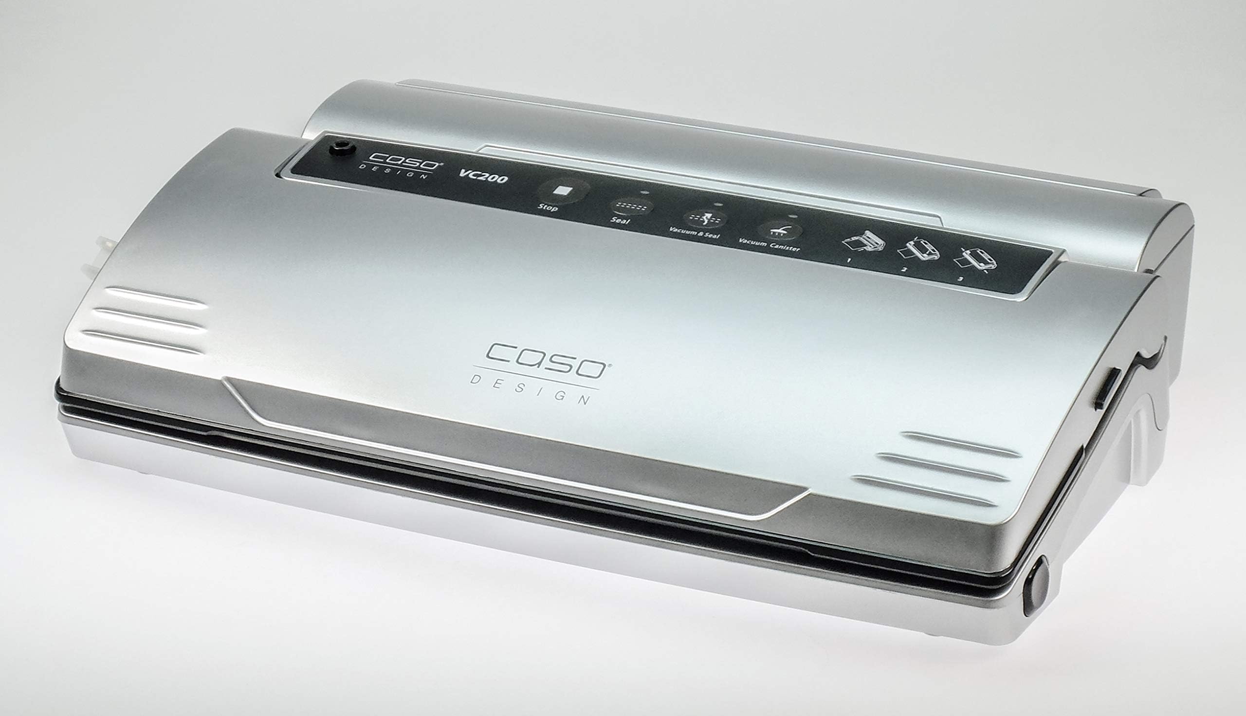 Caso Design 11390 VC.200 Sealer with Integrated Fold-Out Cutter, Roll Storage Box, Vacuum Hose for Food Containers, 2 Starter Rolls & Free APP, Standard, Stainless