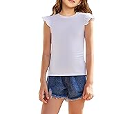 Flypigs Girls T Shirts Ruffle Sleeve Summer Casual Ribbed Knit Crewneck Tee Tops Blouses