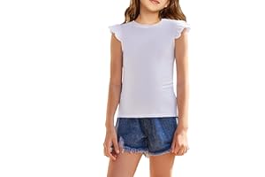 Flypigs Girls T Shirts Ruffle Sleeve Summer Casual Ribbed Knit Crewneck Tee Tops Blouses