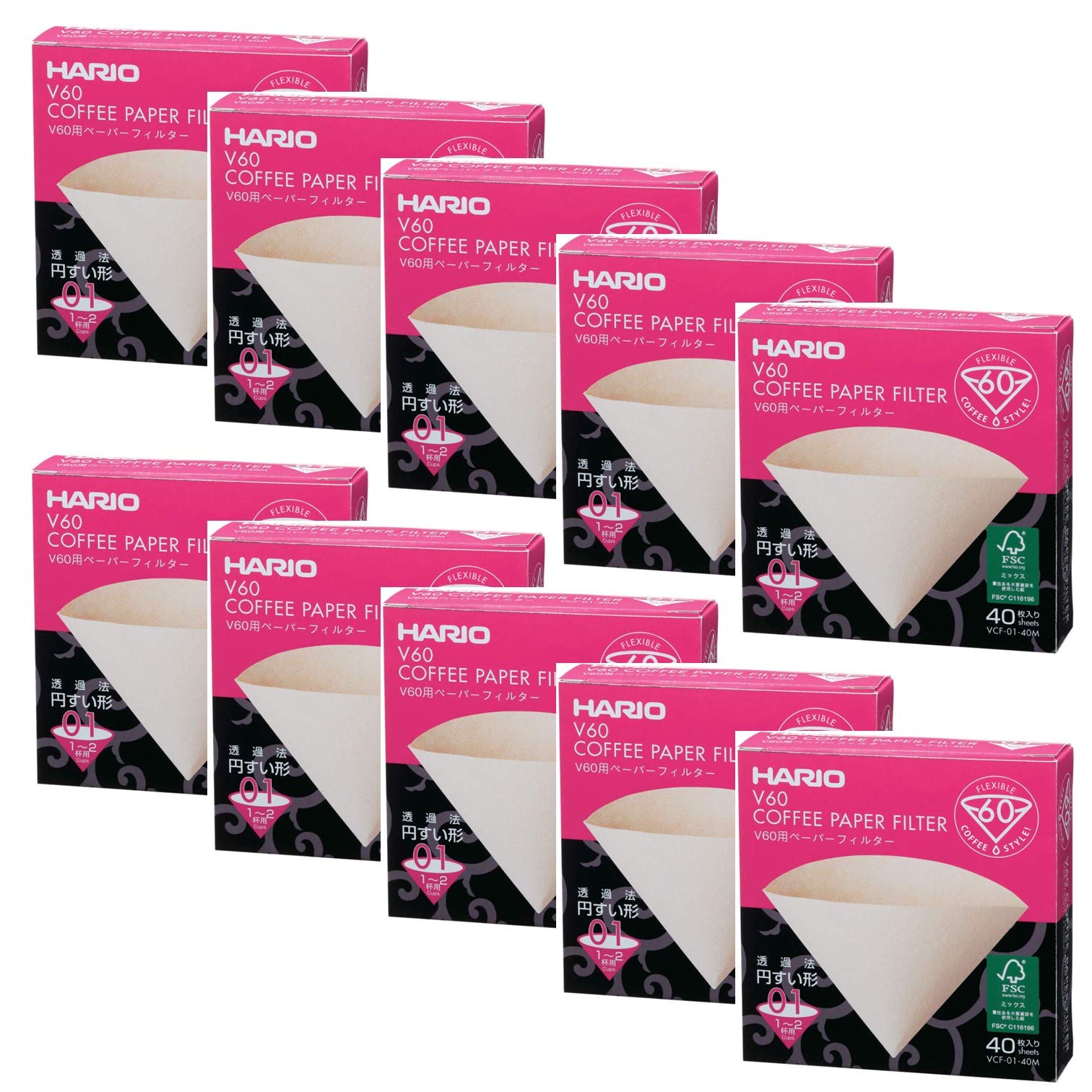 10 X Hario V60 Size 01 40-Count Boxed Coffee Natural Paper Filters, 10 Boxed Value Set (Total of 400 Sheets)