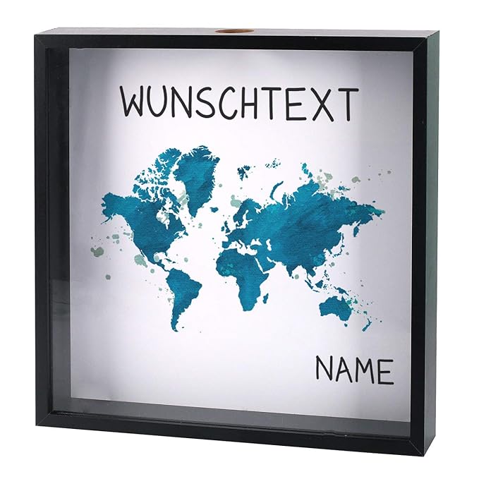 Herz & Heim® XXL Schwarzer Bilderrahmen als Spardose - Weltenbummler - mit Namen und Wunschtext - perfekt als Geldgeschenk