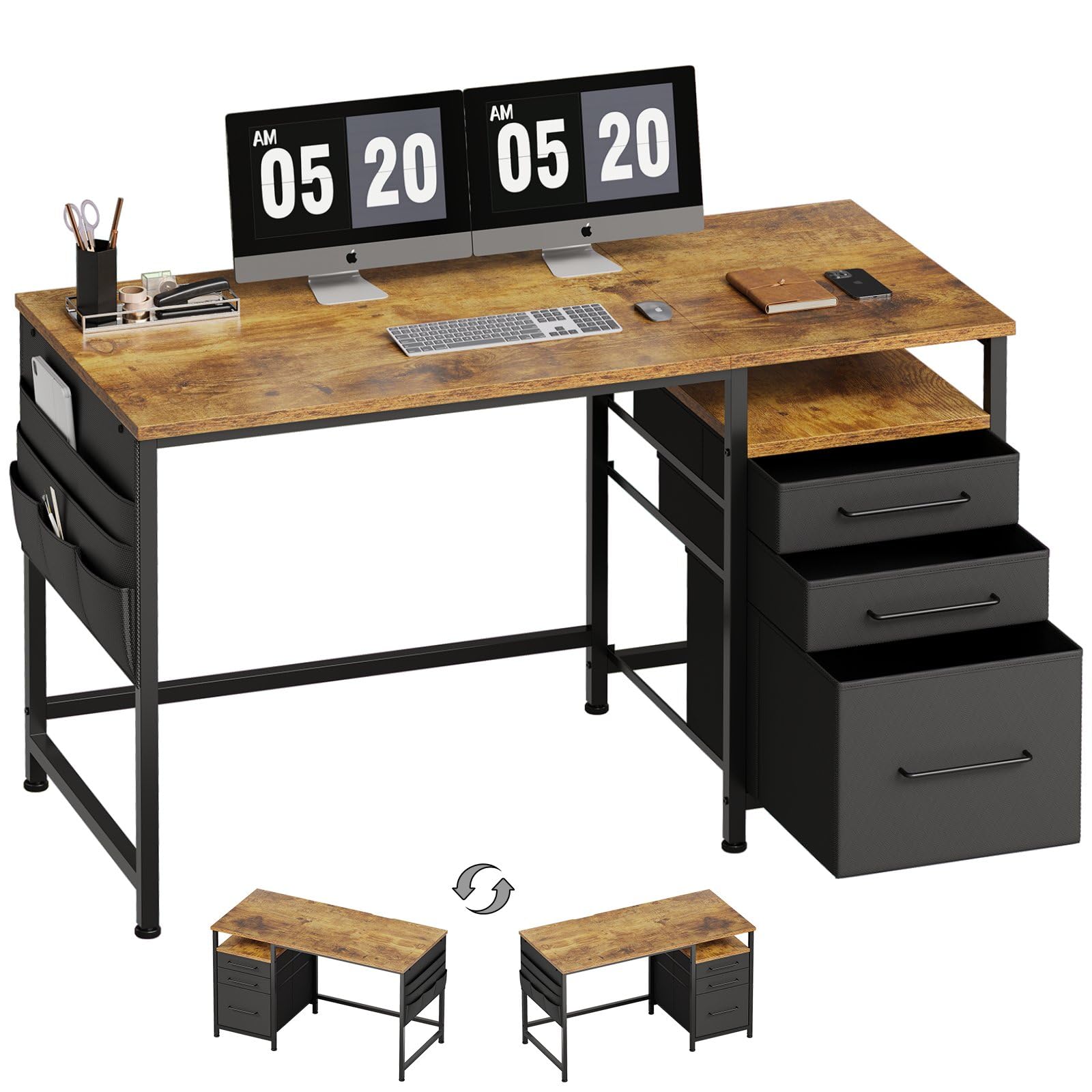 Photo 1 of ??????? Maihail Computer Desk with Drawers, 47 Inch Desk with 2 Drawers and Shelves, Office Table with Storage, Home Office desks, Metal Frame for PC Laptop, Rustic Brown