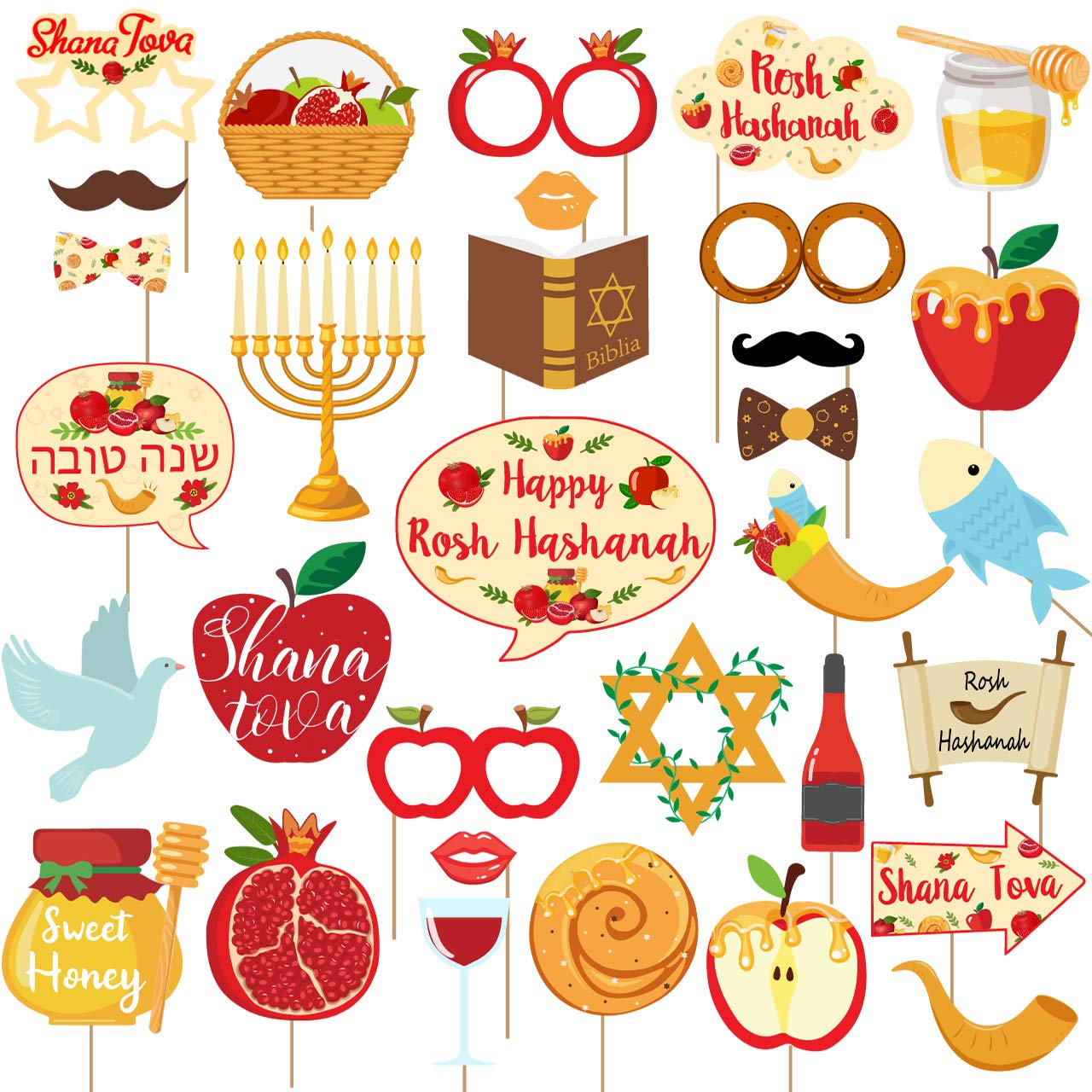Rosh Hashanah Photo Booth Props Jewish Decorations Shana Tova Pomegranate Fish Centerpieces for Jewish Holiday Party Supplies 32 Pcs