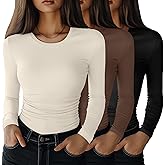 Velvelhall 3 Pack Women's Long Sleeve Shirts, Crew Neck Side Ruched Tops Slim Fit Casual T Shirts Basic Fashion Tight Tees
