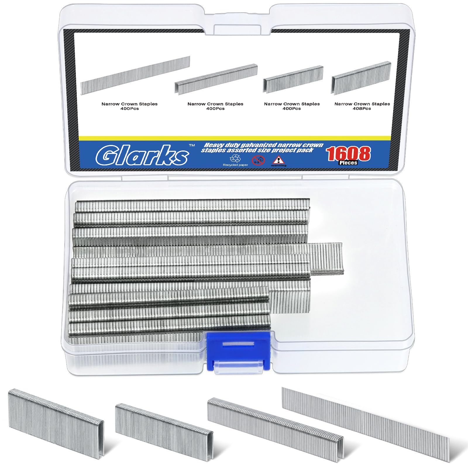 Glarks 1608PC 18 Gauge Galvanized Narrow Staples & 5/8" Brad Nails for Electric/Pneumatic Staplers, DIY Home Improvement (Silver)