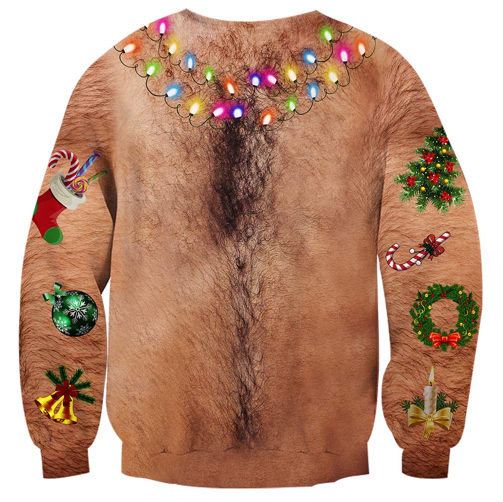 Goodstworld Funny Christmas Hairy Chest Sweater Cool Brown Novelty 3D Xmas Light Necklace Print Pullover Sweater Shirts Blouse Ugly Graphic Xmas Sweatshirts for Xmas Party Large