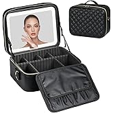Makeup Case with LED Light Mirror, Professional Portable Travel Cosmetic Organizer Bah with Adjustable Dividers, USB Charging, Large Capacity, Ideal for Travel, Gift for Women Girls, Black