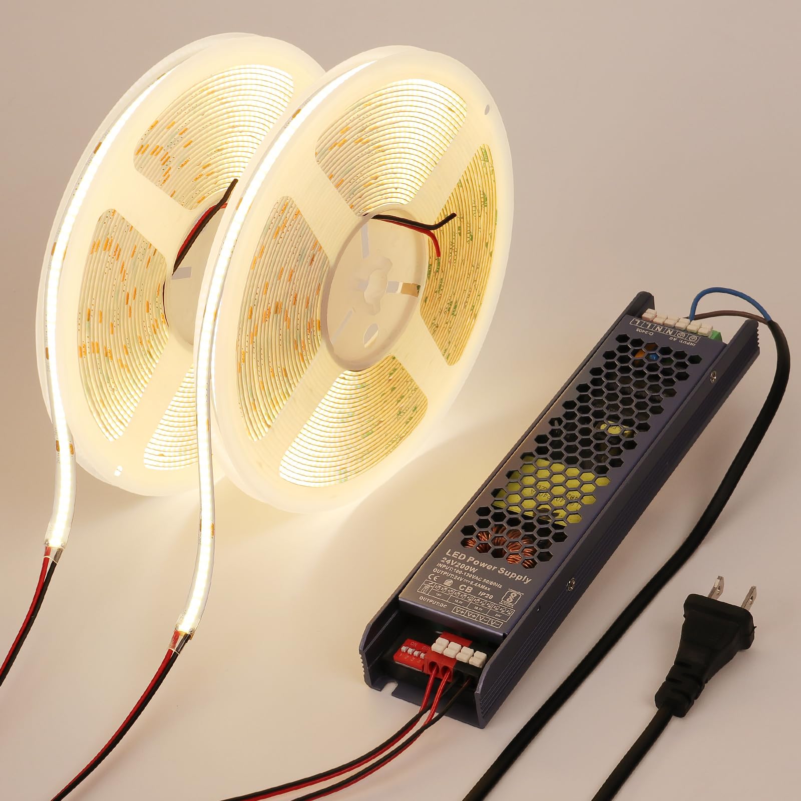 Photo 1 of BENLUN 24V COB LED Strip Light 65.6ft (2 Rolls of 32.8ft) Kit, 4000K Natural White Cuttable 11W/M 312LEDs/M CRI 93 LED Tape Lights with Power Supply for Bedroom Kitchen Living Room Ceiling