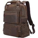 TIDING Vintage Full Grain Leather 17 Inch Laptop Backpack for Men Large Business Travel Daypack Computer Rucksack, Brown