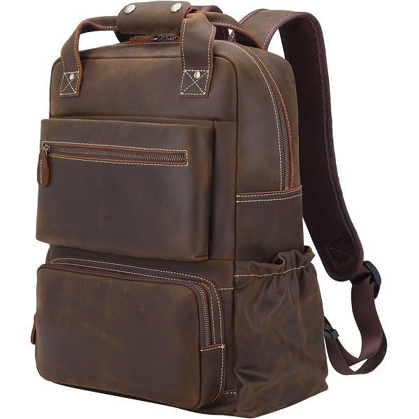 Vintage Genuine Leather Backpack for Men Women with Buckle Straps, Zipper Pocket, Brown Business Travel Shoulder Backpack (Black)