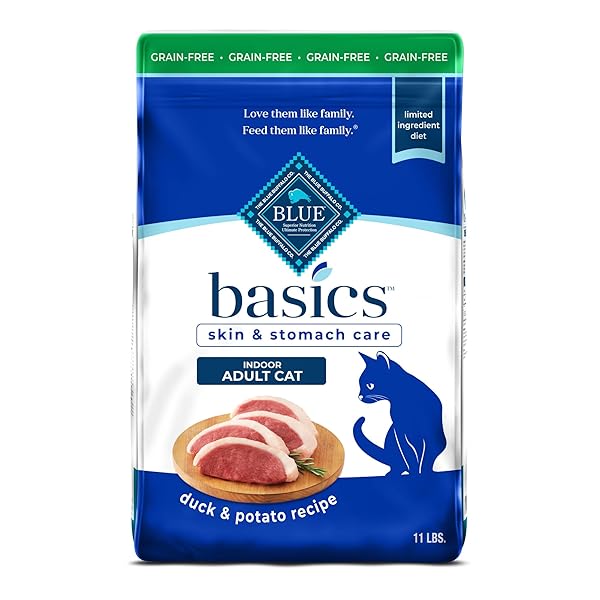 BLUE BUFFALO BASICS GRAIN-FREE DRY CAT FOOD, SKIN & STOMACH CARE, LIMITED INGREDIENT DIET FOR INDOOR CATS, DUCK & POTATO RECIPE, 11-LB. BAG