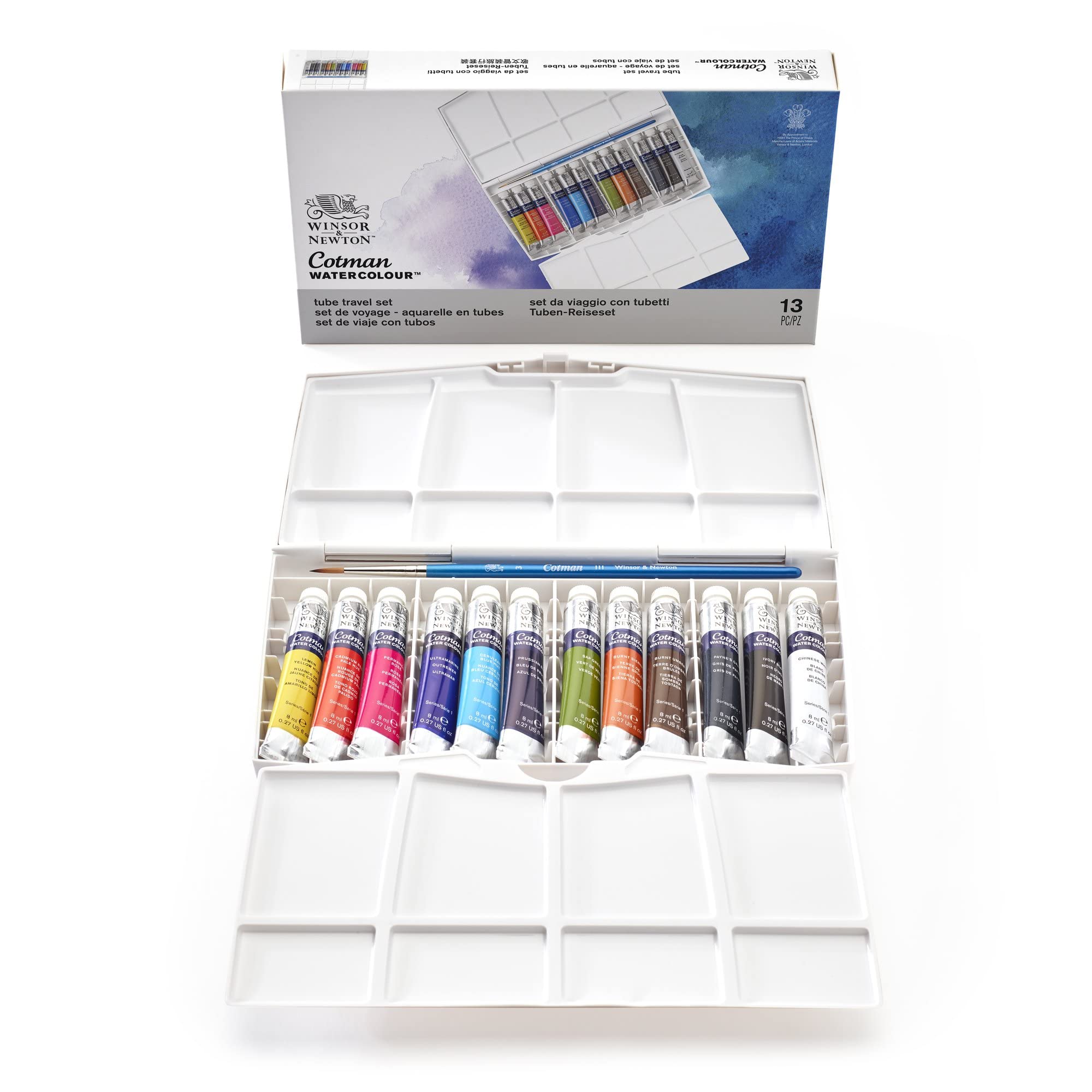 Winsor & Newton, Cotman Watercolour, 'Tube Travel Set', 12 x 8ml Tubes + 1 x Cotman Watercolour Round Brush — image 1