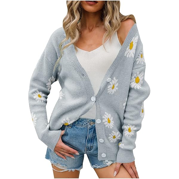 Women Y2K Floral Print Cardigan Sweater Long Sleeve V Neck