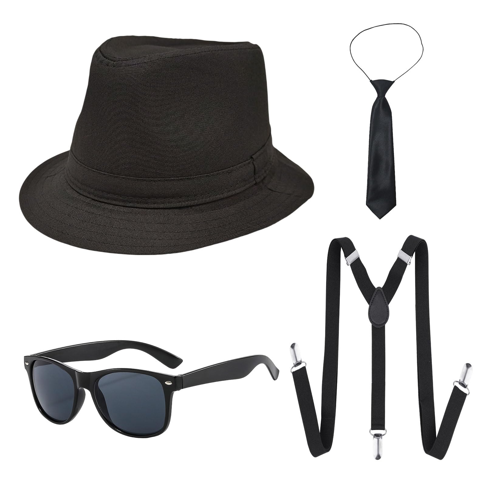 UILYNIU 4-Piece Adult Gangster Costume Set - Black Fedora Hat, Braces, Tie, Sunglasses - Mafia, Gatsby, 1920s Fancy Dress Up Film Party