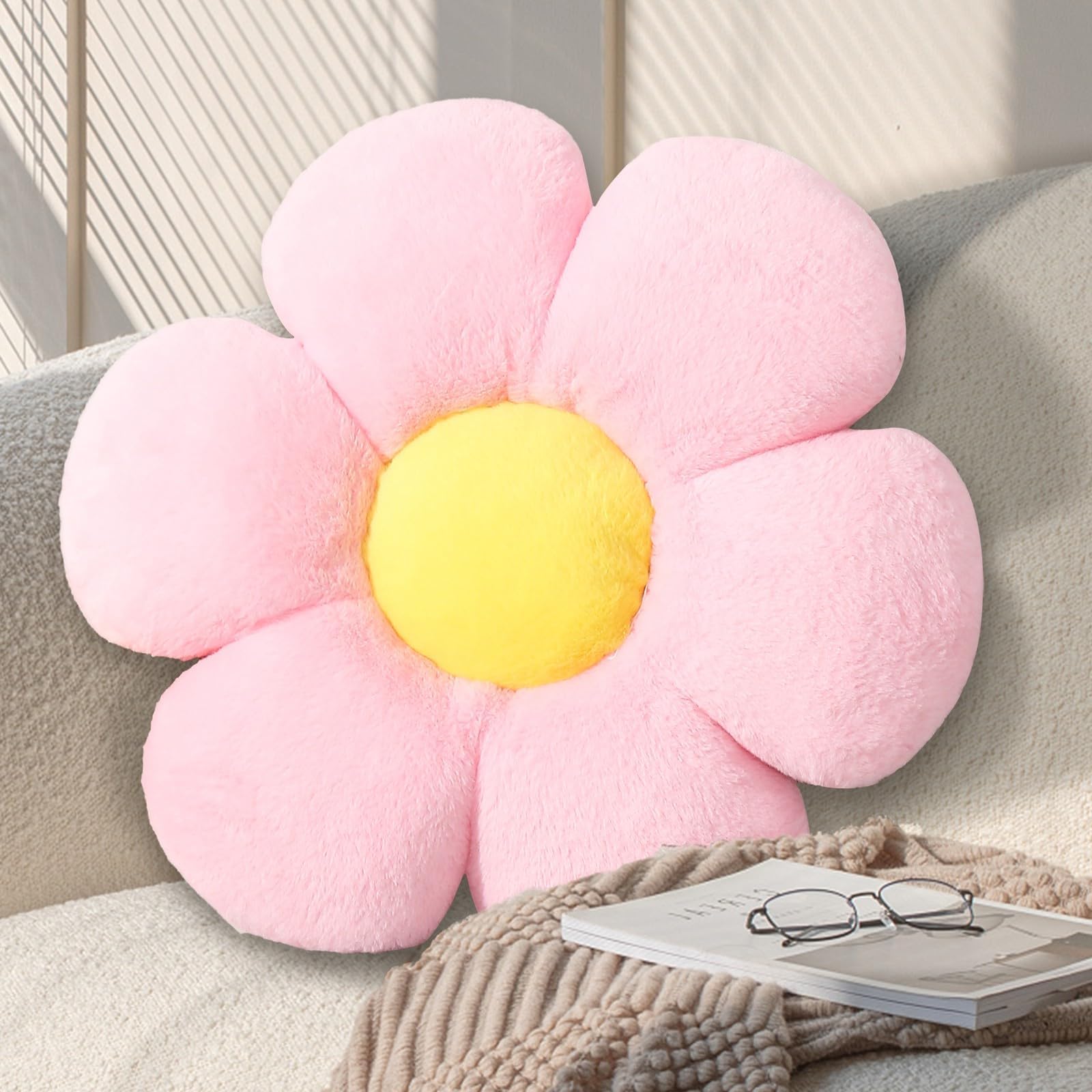 Photo 1 of 17.7 Inch Pink Flower Pillow – Daisy Shaped Cute Decorative Throw Pillow, Soft Floral Seating Cushion Floor Pillows for Sofa, Bed, Chair & Room Easter Decor Gifts