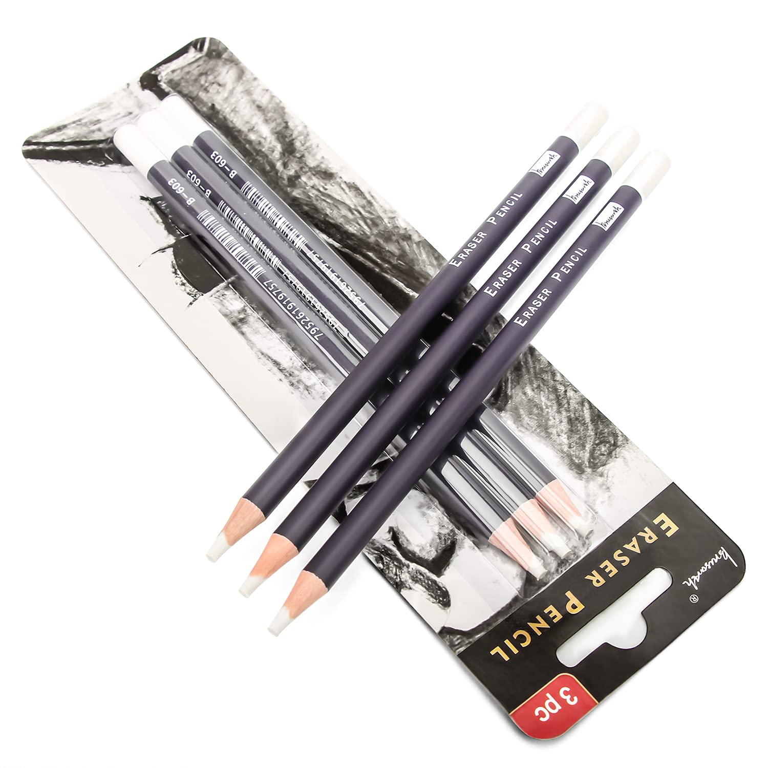 Brusarth 3pc Eraser Set - Fine Detail Eraser for Sketching, Charcoal Drawings & Colored Pencils