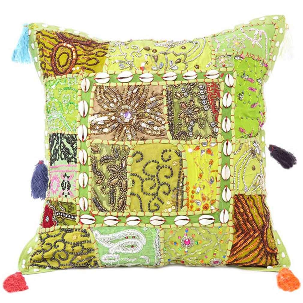 Eyes of India Decorative Patchwork Boho Throw Pillow Cover, Colorful Cushion Case for Sofa Couch, Bohemian Handmade Accent Bedroom Living Room, 20x20 inch (50x50 cm), Light Green — image 1