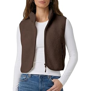 CUBRIDGE Cropped Fleece Vest Women Zip Up Stand Collar Warm Sherpa Vest Fall Cute Sleeveless Fleece Waistcoat with Pocket