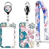 BKBKAAK Cute Axolotl Badge Holder with Neck Lanyard, Name Tag Badge Holder, Retractable Reel Clip, Silky Neck Lanyard, Kawaii Animal Lanyards with Keychain for Kids, Girls, Women