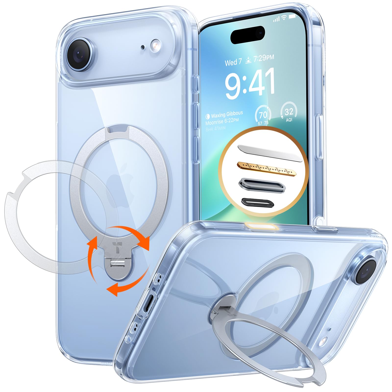 Photo 1 of TORRAS Q3 Spin for iPhone Air Case, Patented 360 Magnetic Stand, Fit for MagSafe, Built-in Ring Holder Kickstand, Rugged Military-Grade Protective Case for iPhone 17 Air, Camera Control Button, Clear