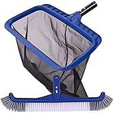 Fine Mesh Pool Net & Brush Head Combo - Sturdy Skimmer with 17.5" Professional Brushes for Pool Wall Cleaning