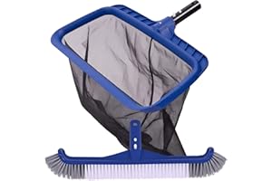 POOLAZA Fine Mesh Pool Net & Brush Head Combo - Sturdy Skimmer with 17.5" Professional Brushes for Pool Wall Cleaning