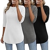 Riyiper 3 Pack Elbow Length Tee Shirts for Women 3/4 Sleeve Tunic Tops Round Neck Curved Hem Leggings Blouse