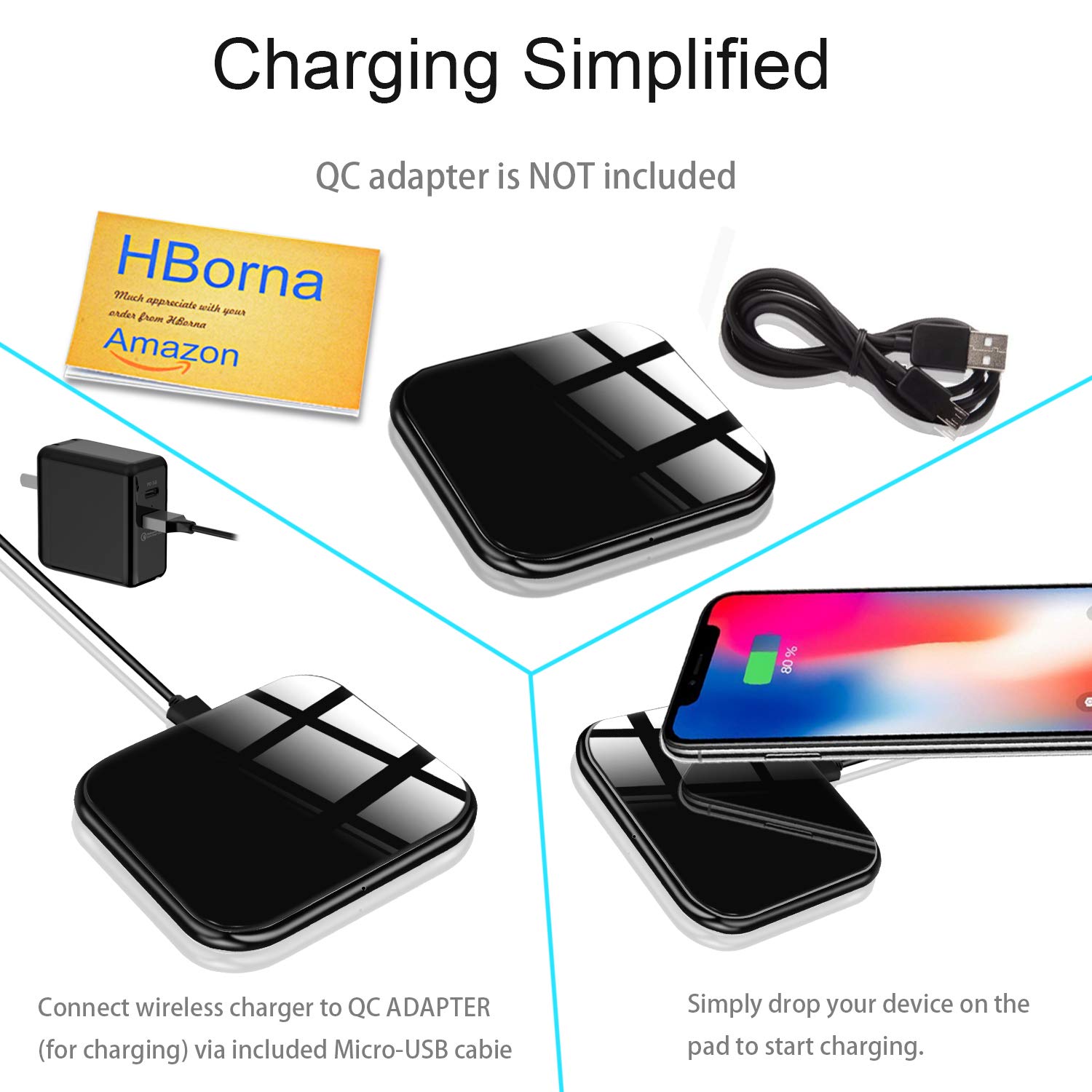 Wireless Charger , Ultra-Slim Fast Charging 7.5w for iPhone X, iPhone 8/8 Plus, 10w for Samsung S9 / S9 + / S8 / S8 + / S7 / Note 8, Inductive Charging Station Qi Charger Power Wireless Pad (AC adapter not included)
