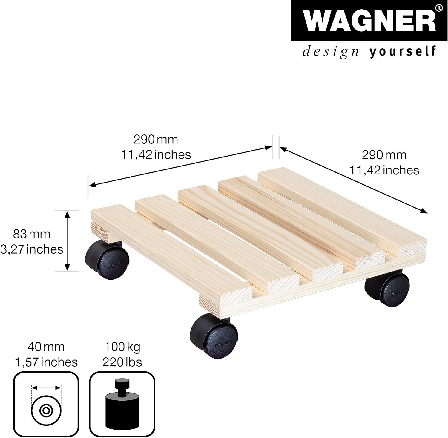 WAGNER Plant trolley PALETTI 29 x 29 x 8 cm I Flower trolley for indoor use I Container trolley made of FSC®-certificated solid wood - Image 4