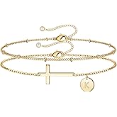 M MOOHAM Valentines Gifts for Her Teen Girls Women - Initial Cross Bracelets for Women Teen Girls 14K-Gold-Plated Dainty Layered Cross Disc Bracelet Baptism Religious Christian Gifts for Kids