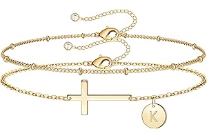 M MOOHAM Stocking Stuffers for Teens Women - Initial Cross Bracelets for Women, 14K-Gold-Plated Dainty Cross Disc Letter A-Z Bracelet for Teen Girls Gifts Baptism Christian Gifts for Women Girls