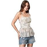 RoseSeek Women's Boho Floral Smocked Camisole Tops Ruffle Hem Spaghetti Strap Babydoll Peplum Top