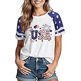 XLIEVO 4th of July Shirts Women:USA Color-Blocking Short-Sleeve American Flag Crew Neck Graphic Tee Patriotism T-Shirt