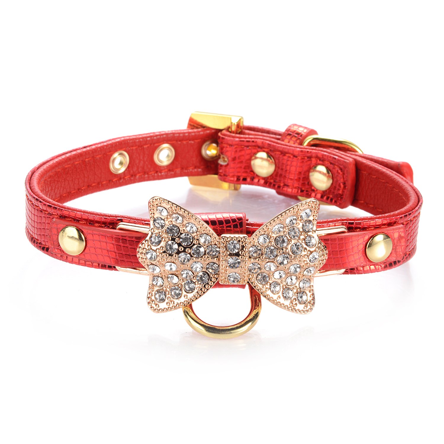 LOVPE Gold Bling Diamond Giltter Leather Fashion Collar with Ring for Tags for Small Dogs/Cats,[Adjustable Collars for puppy/kitten] (S, Red)