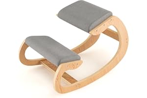 FIREFLOWERY Ergonomic Kneeling Chair, Wooden Posture Chair W/Extra Padding for Back Neck Pain Relief & Improving Posture, Rocking Meditation Stool W/Knee Support for Home Office (Grey)