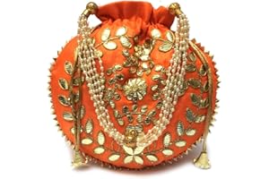 Ekavya Potli Bag for Women Jewelry Coin Pouch Gotta Patti Work Batwa Wedding Gifts Pearls Handle Clutch Drawstring Purse (H*L;- 23 * 24 Inch Orange)