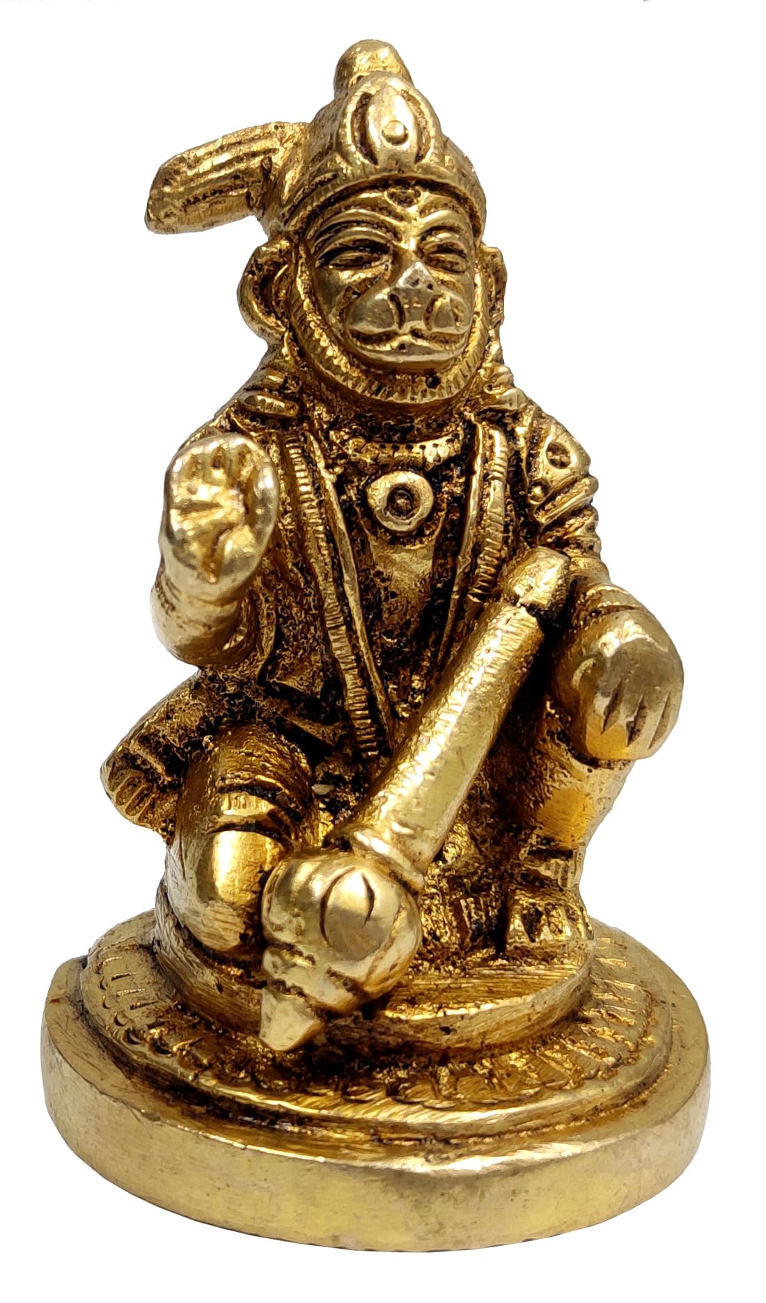 Purpledip Brass Idol Ashirwad Hanuman: Blessing Bajrangbali Statue For Home Temple, 3 Inches (12646)