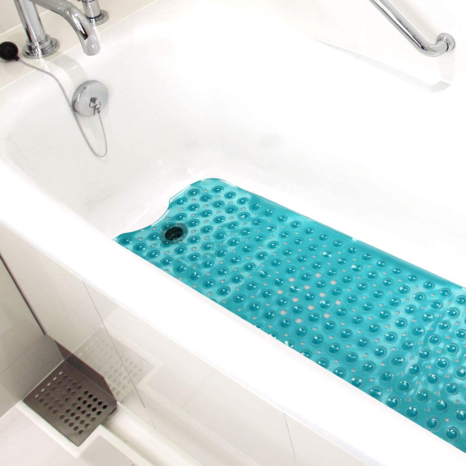 HealthSmart Antimicrobial Bath Mat with Non-Slip Suctions and Drain Holes, Extra Long, Green