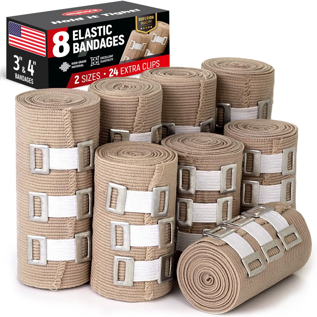 Premium Compression Bandage - 8pk (4x7.5cm + 4x10cm) +24 Extra Clips - Durable Elastic Bandage Wrap - Reusable Elasticated Bandage - Stretches up to 4.6m - Wrist, Ankle, Foot, Knee Wrap