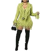 Famnbro Women 2 Piece Sweater Skirt Set V Neck Tassel Sweaters and Fringe Mini Bodycon Skirt Sexy Fall Winter Outfits