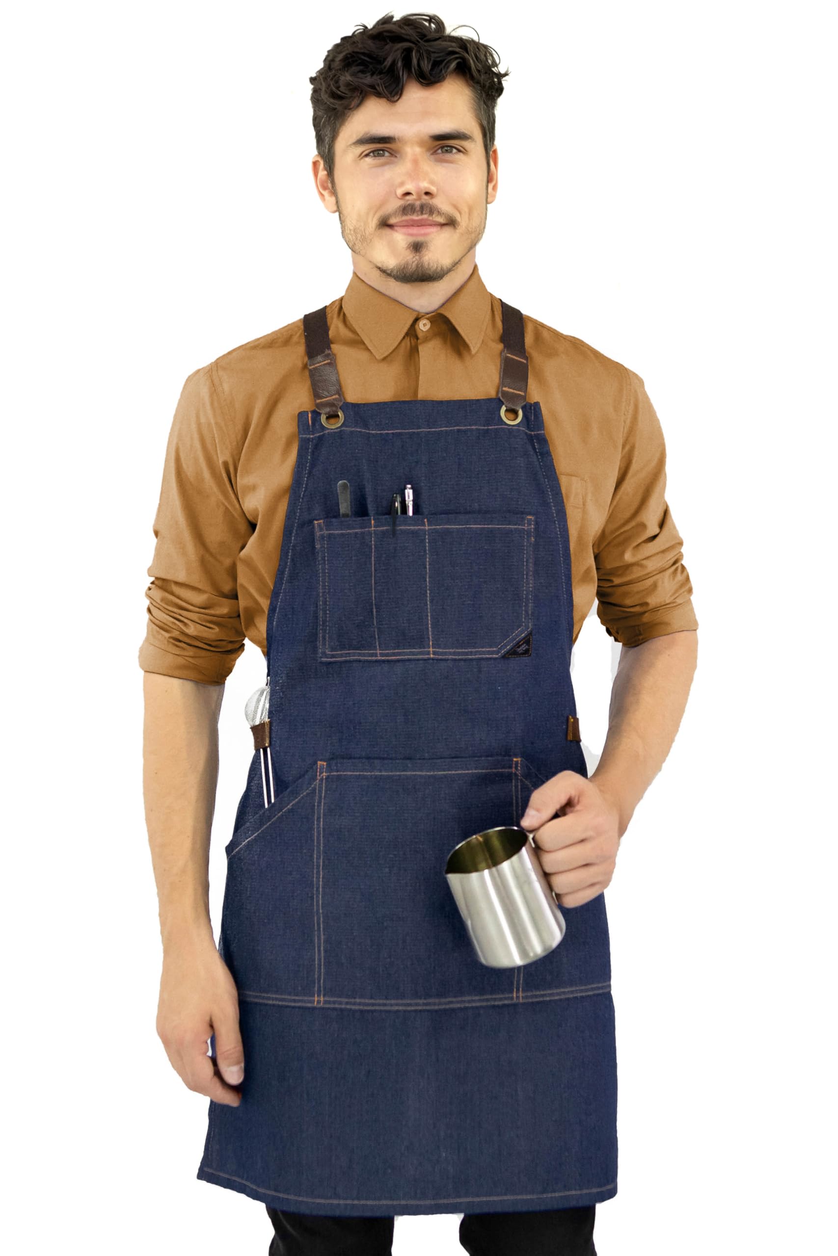 Under NY Sky Essential Apron - Cross-Back with Durable Twill or Denim and Leather Reinforcement (Blue Denim)