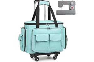 SLINRKE Sewing Machine Case with Wheels - Rolling Sewing Machine Tote with Removable Bottom Pad & Multiple Storage Pockets, Compatible with Singer & Brother (Teal)