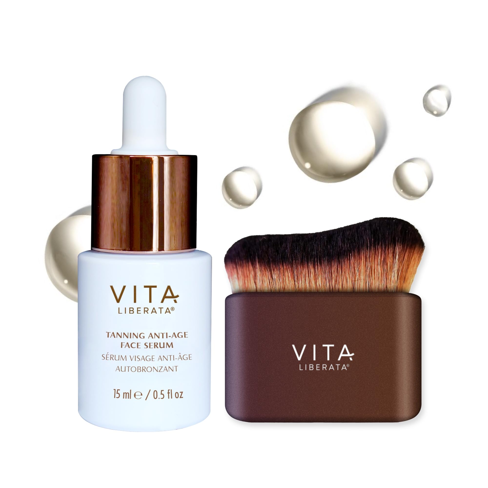 VITA LIBERATA Anti Age Serum 15ml & Brush Bundle, Anti-ageing & Hydrating, Customizable Tan, Streak Free Application Blending Brush, Natural, Sunkissed Glow, Skincare Ingredients