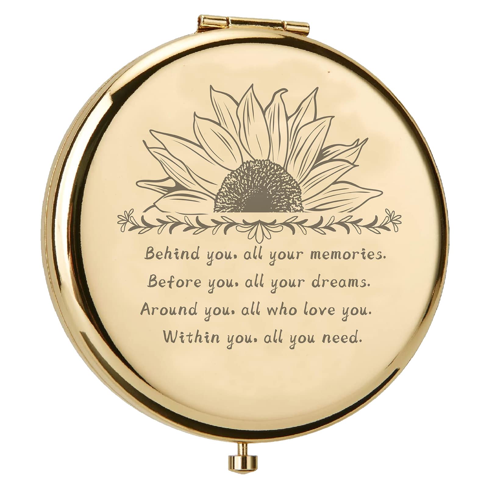 CREATCABIN Metal Compact Pocket Mirror Sunflower Double-Sided Folding Makeup Mirror 2.6inch Travel Portable Behind You All Your Memories Gifts for Women mum Daughter with Velvet Pouches Golden