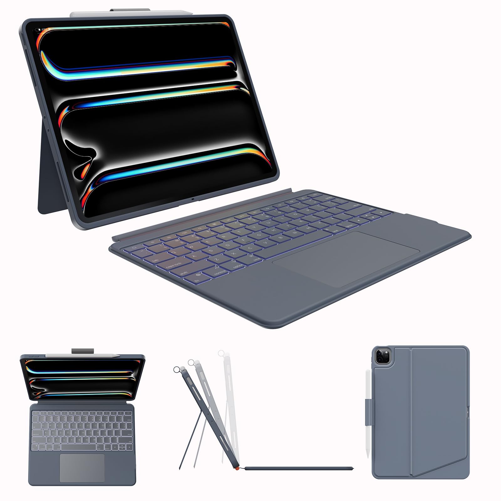 Photo 1 of Case with Keyboard for iPad Pro13 M4: Bluetooth Wireless Detachable Magnetic Stand Rechargeable Keyboard with Folio Slim Compact Removable Cover with Trackpad, White Backlit