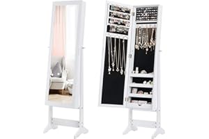 Giantex Jewelry Cabinet with Full-Length Mirror, Standing Jewelry Armoire Organizer with 64 Earring Slots, 72 Ring Slots, 20 Necklace Hooks, 4 Storage Shelves, 3 Angle Adjustable (White)