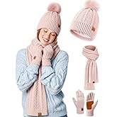 Winter Hat Scarf Gloves Set for Women Warm Thick Soft Long Knit Scarf Fleece Lined Beanie Touchscreen Glove Cold Weather Gift
